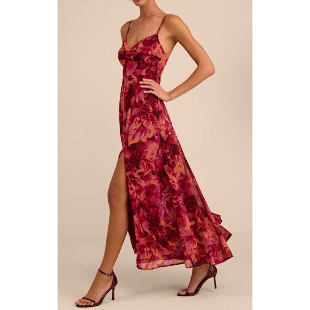 Lulus Beautiful Soul Burgundy Floral Print Twist-Front Maxi Dress S - Picture 5 of 10